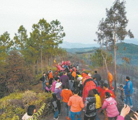 雞公獅、人龍跟隨在背帶龍后面,游過(guò)各個(gè)山頭,走回祠堂。